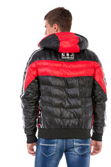 CJ269 Men's Winter Jacket – Black Quilted Jacket with Hood & Red and White Logo Print
