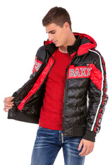 CJ269 Men's Winter Jacket – Black Quilted Jacket with Hood & Red and White Logo Print