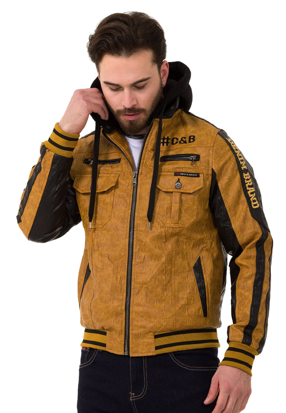 CJ284 Men's faux leather jacket with hood in a cool look