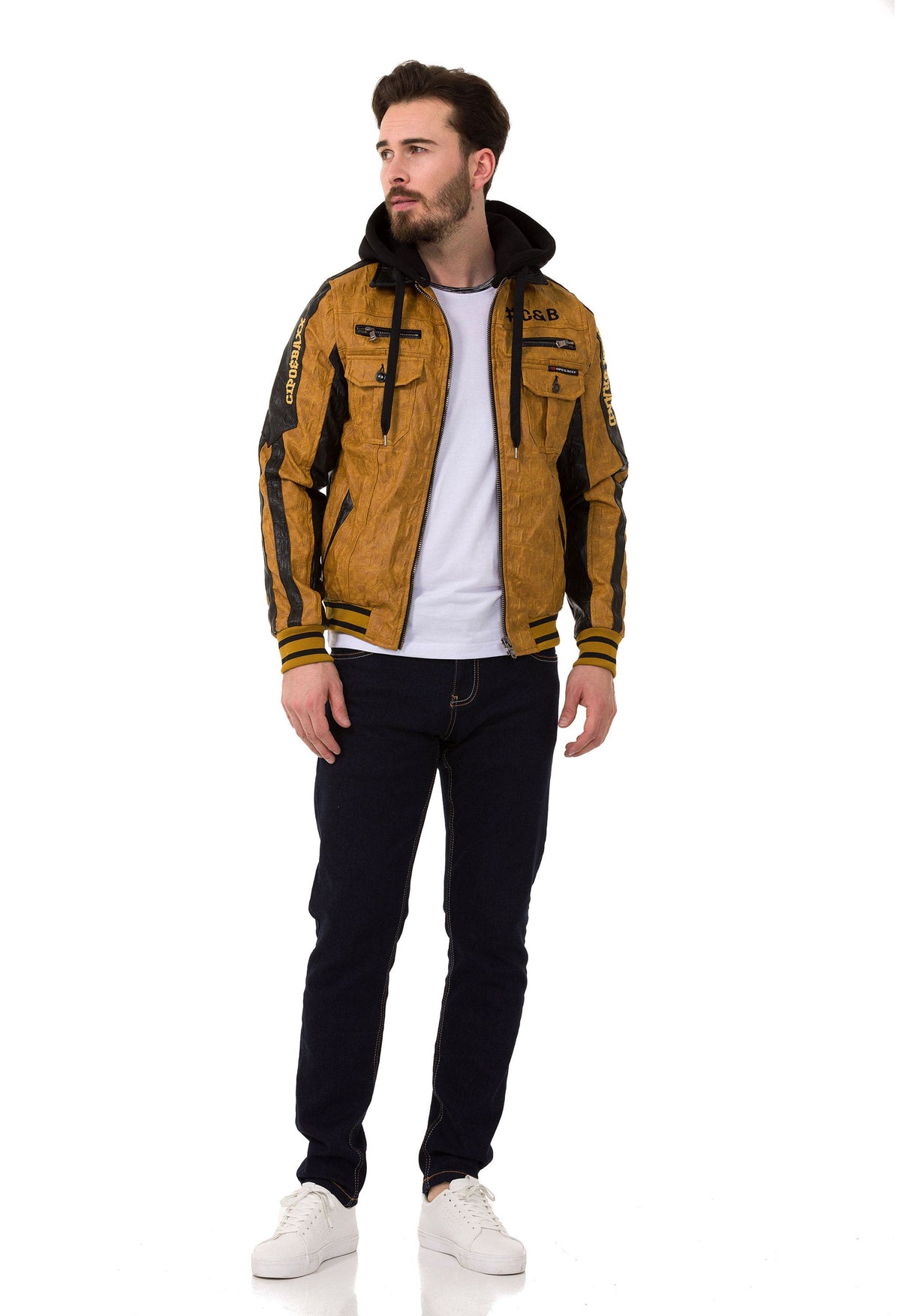 CJ284 Men's faux leather jacket with hood in a cool look