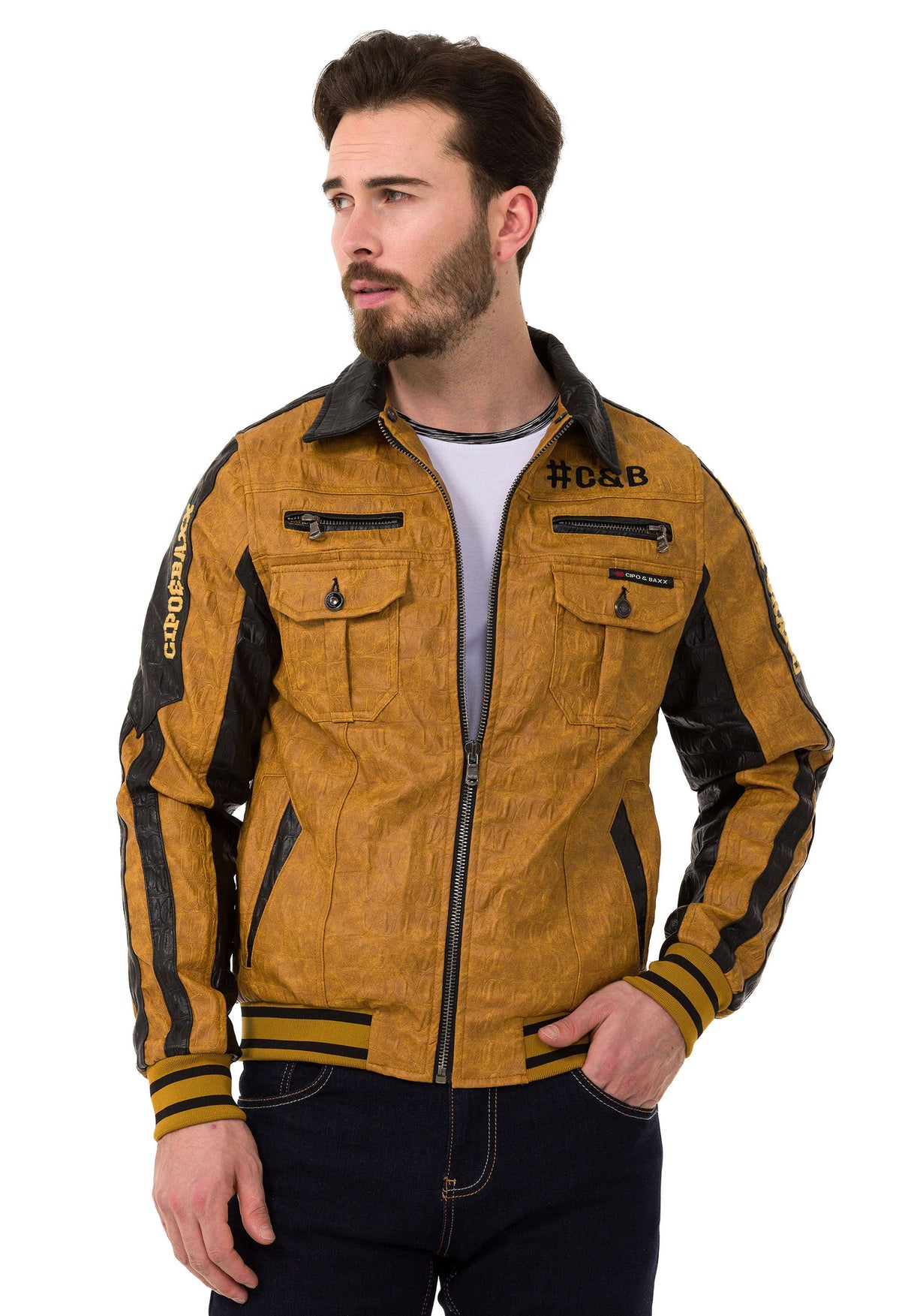 CJ284 Men's faux leather jacket with hood in a cool look