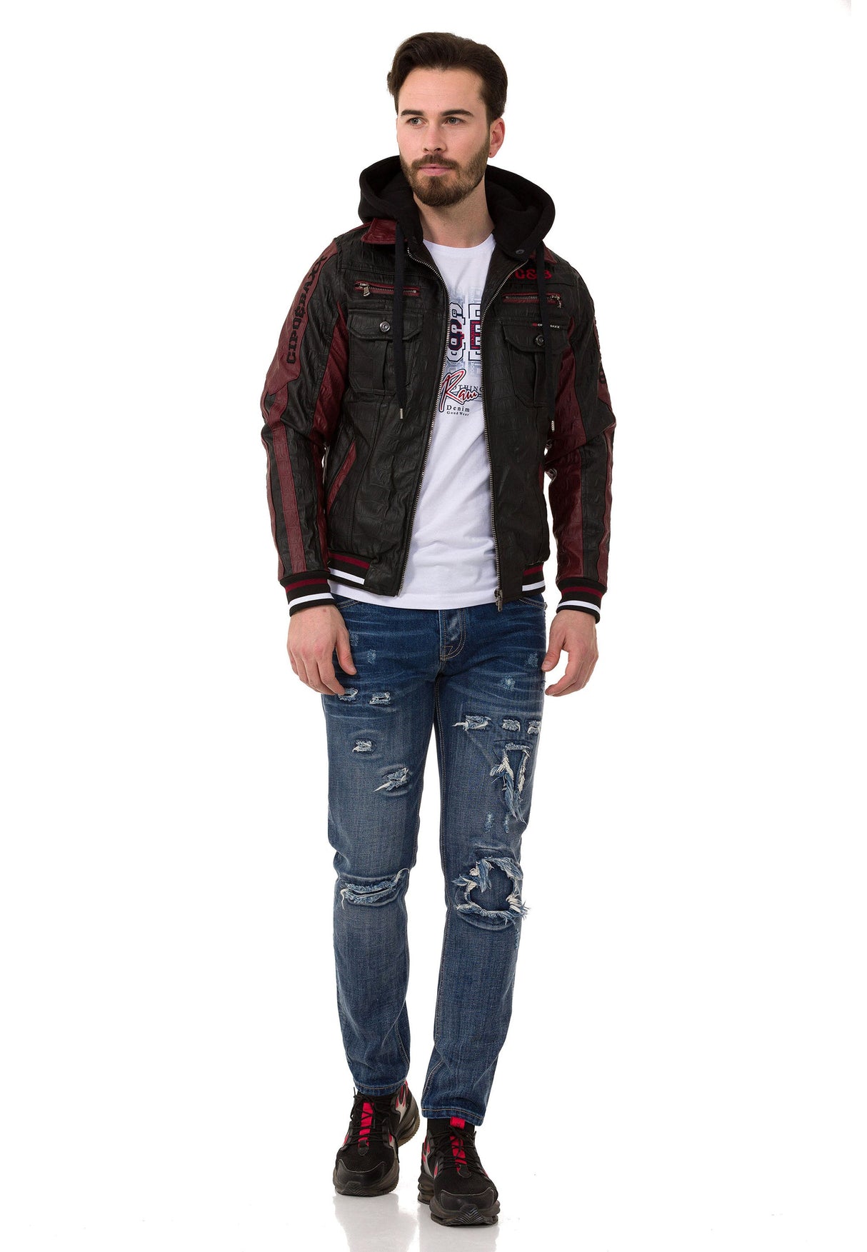 CJ284 Men's faux leather jacket with hood in a cool look