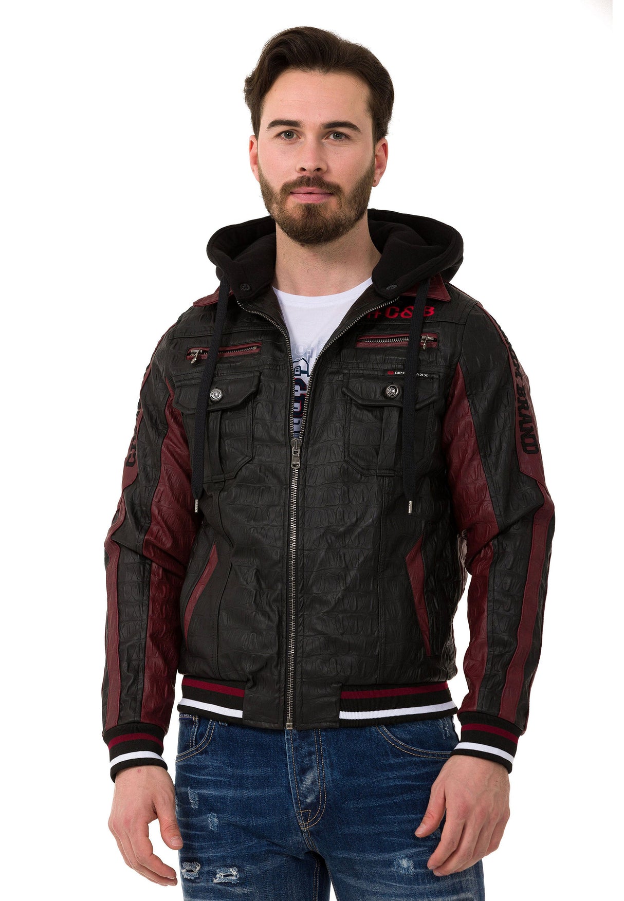 CJ284 Men's faux leather jacket with hood in a cool look