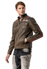 CJ304 Men's transitional jacket – PU leather look with zipper details & striking patches