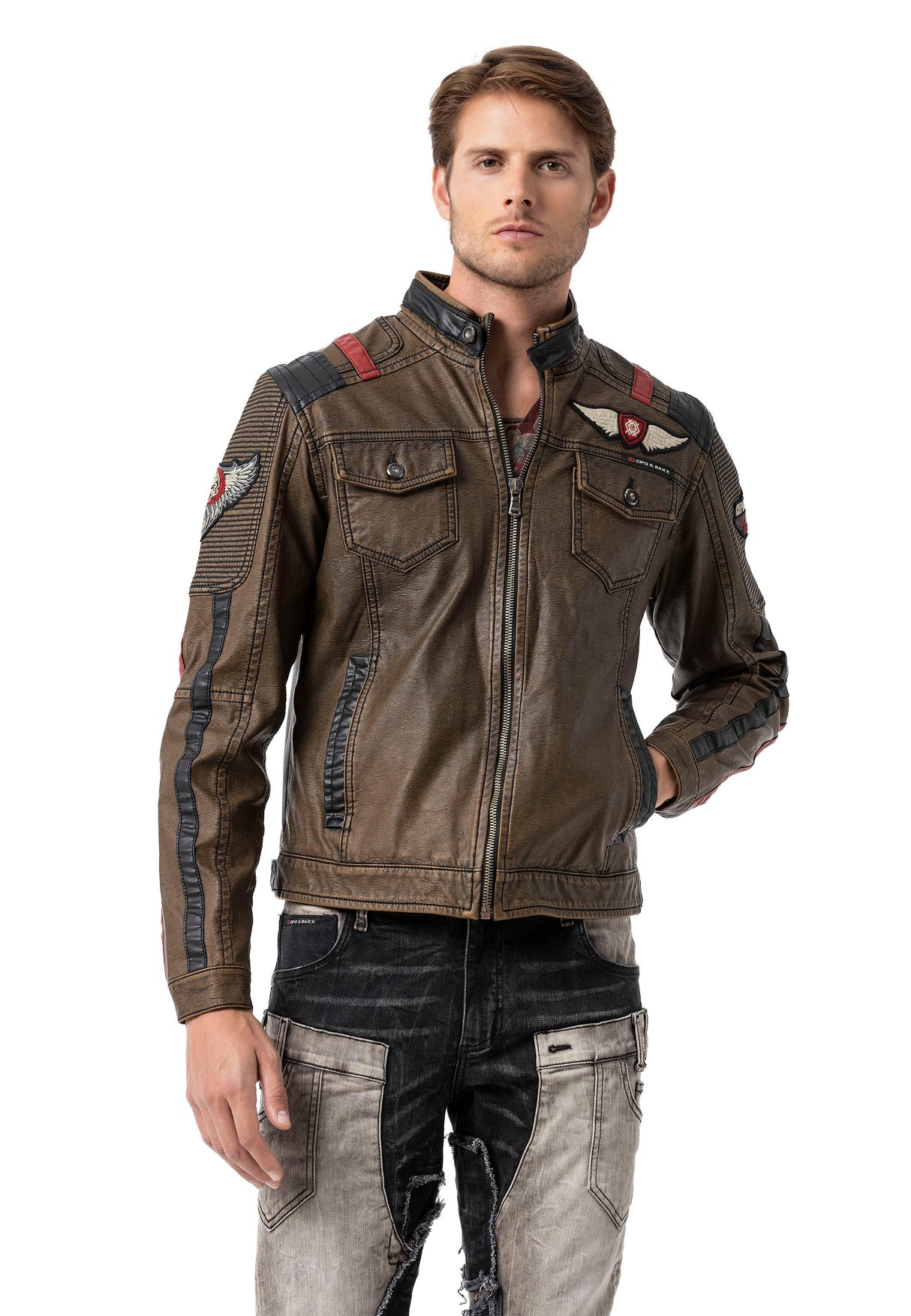 CJ304 Men's transitional jacket – PU leather look with zipper details & striking patches