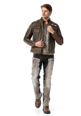 CJ304 Men's transitional jacket – PU leather look with zipper details & striking patches