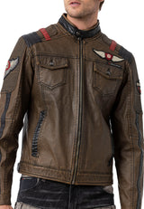 CJ304 Men's transitional jacket – PU leather look with zipper details & striking patches