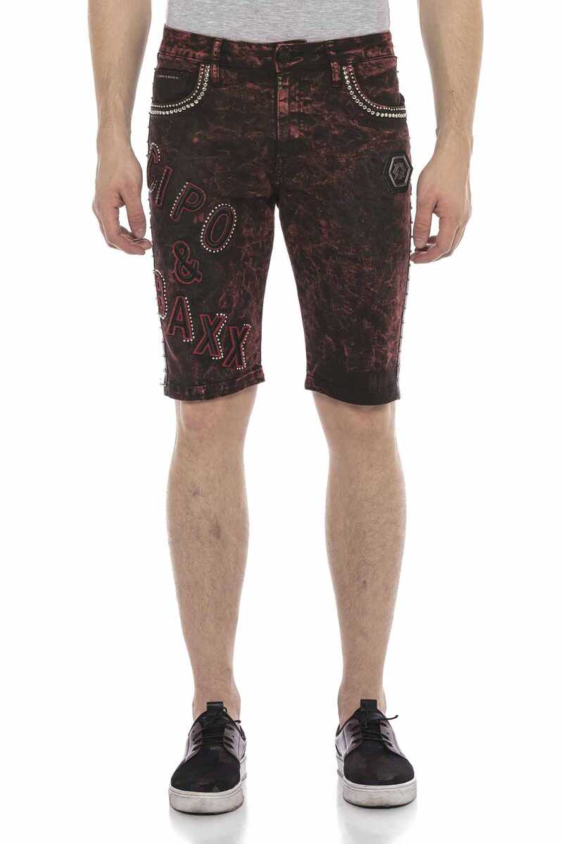 CK207 men's capri denim shorts mottled in burgundy with logo