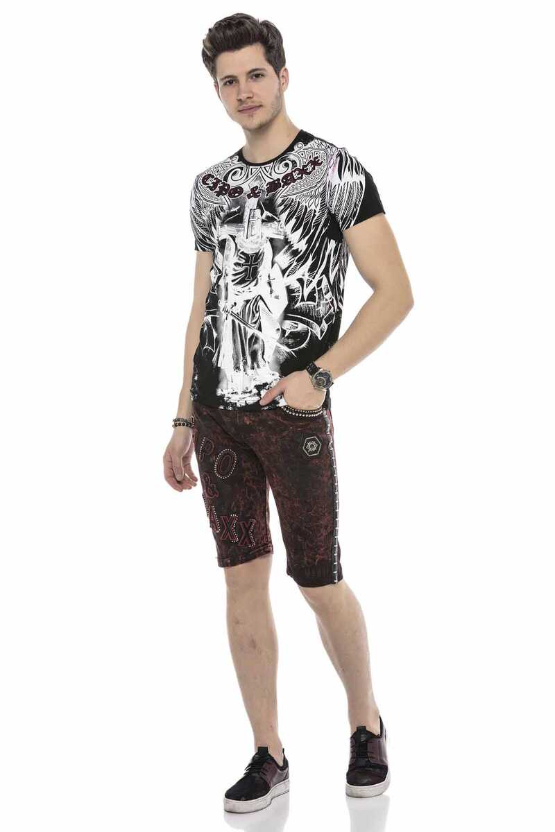 CK207 men's capri denim shorts mottled in burgundy with logo