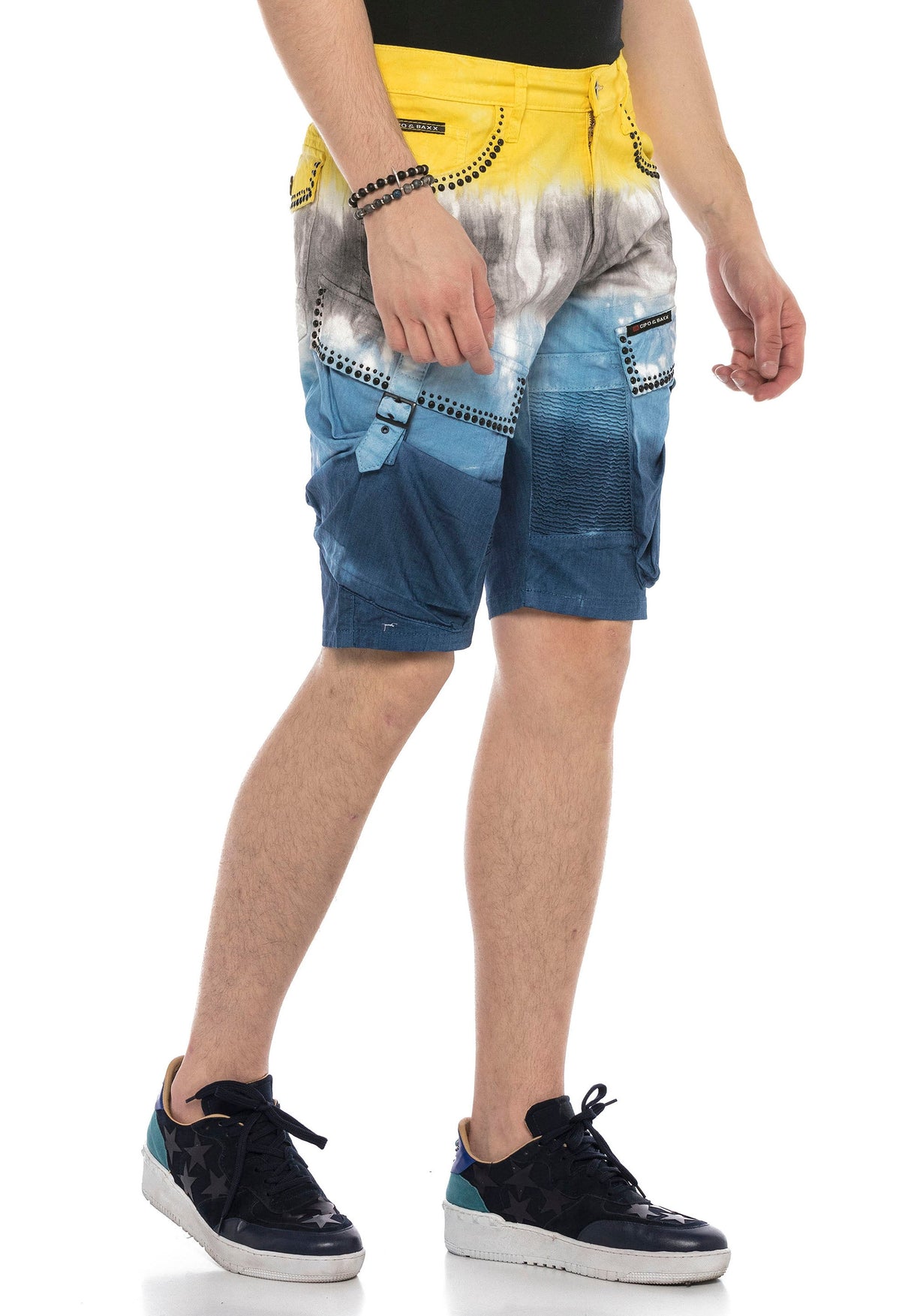 CK211 Men's Capri Denim Shorts with distinctive wash and rivets