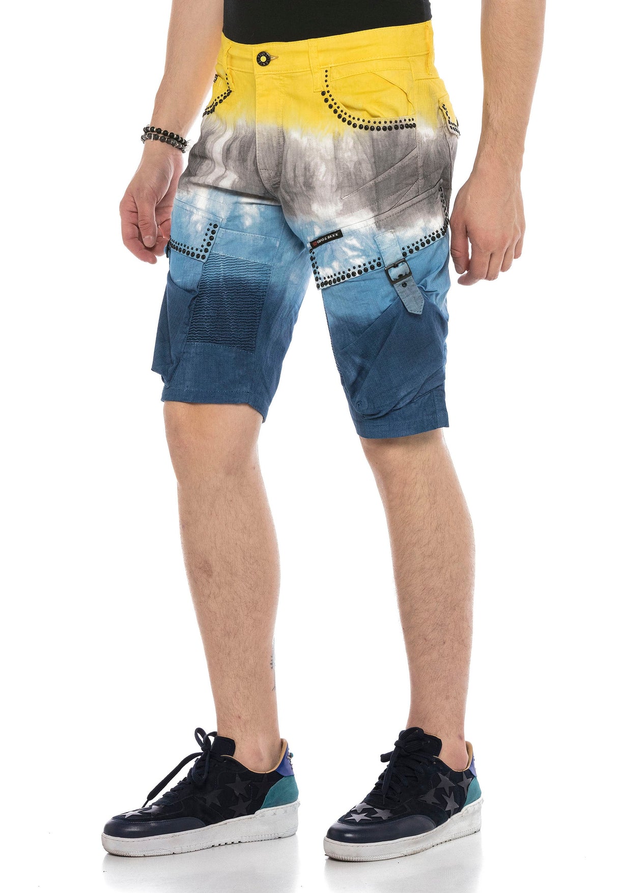 CK211 Men's Capri Denim Shorts with distinctive wash and rivets