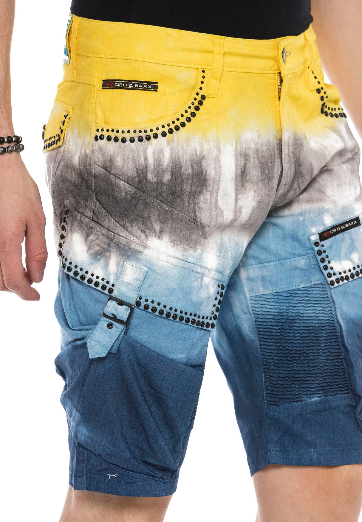 CK211 Men's Capri Denim Shorts with distinctive wash and rivets