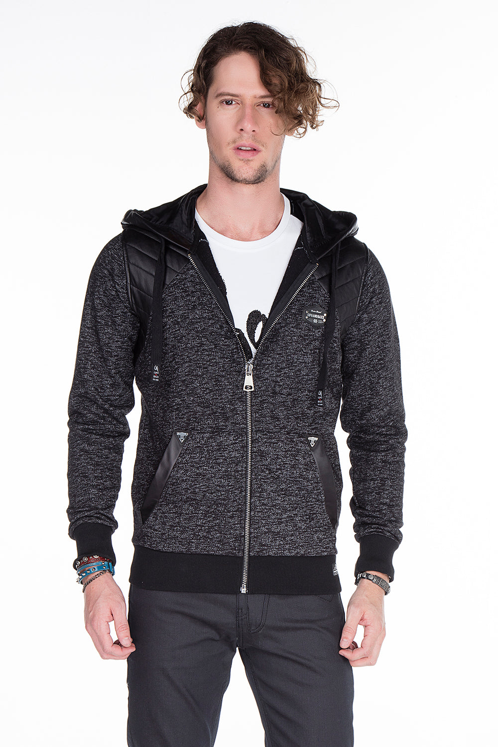 CL251 Men's sweat jacket with cool faux leather appliqués
