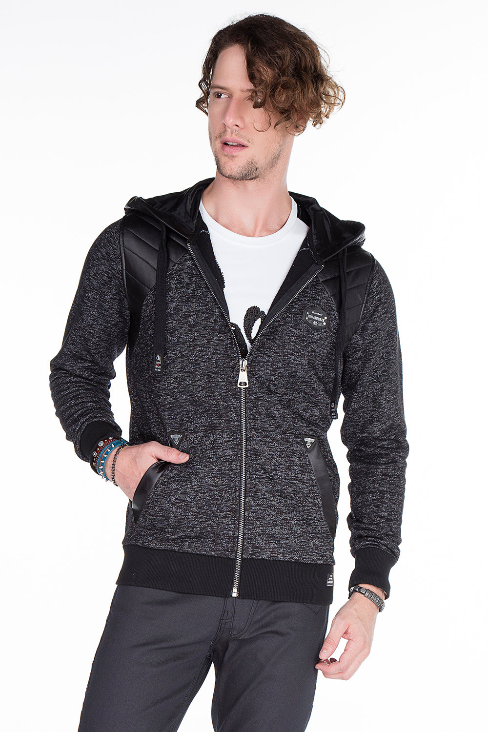 CL251 Men's sweat jacket with cool faux leather appliqués