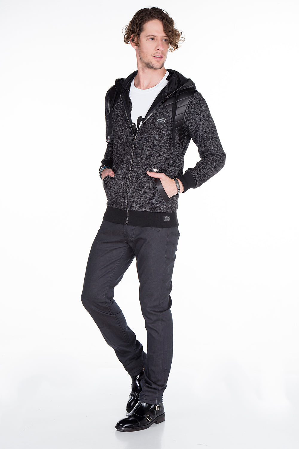 CL251 Men's sweat jacket with cool faux leather appliqués
