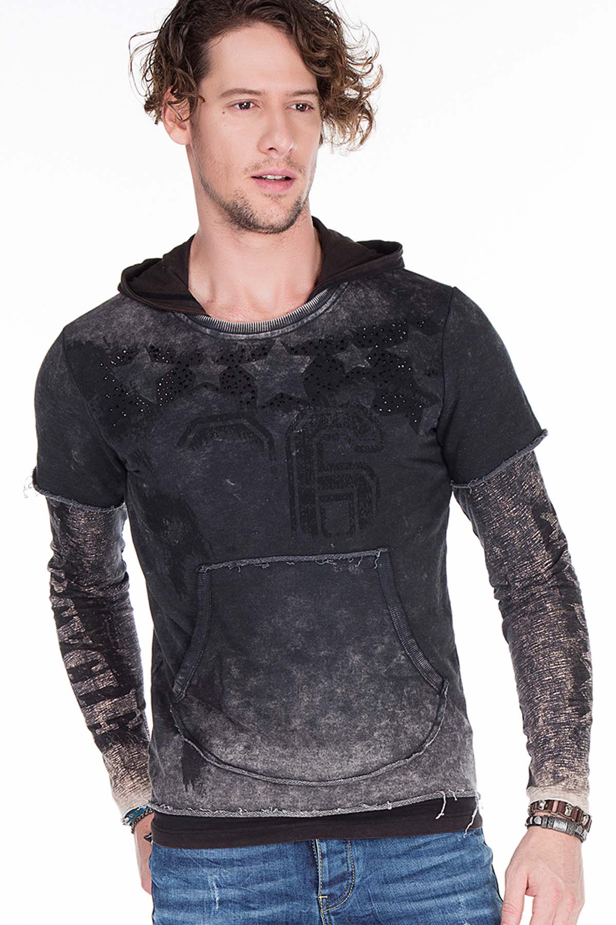 CL279 Men's hooded sweatshirt with faded prints