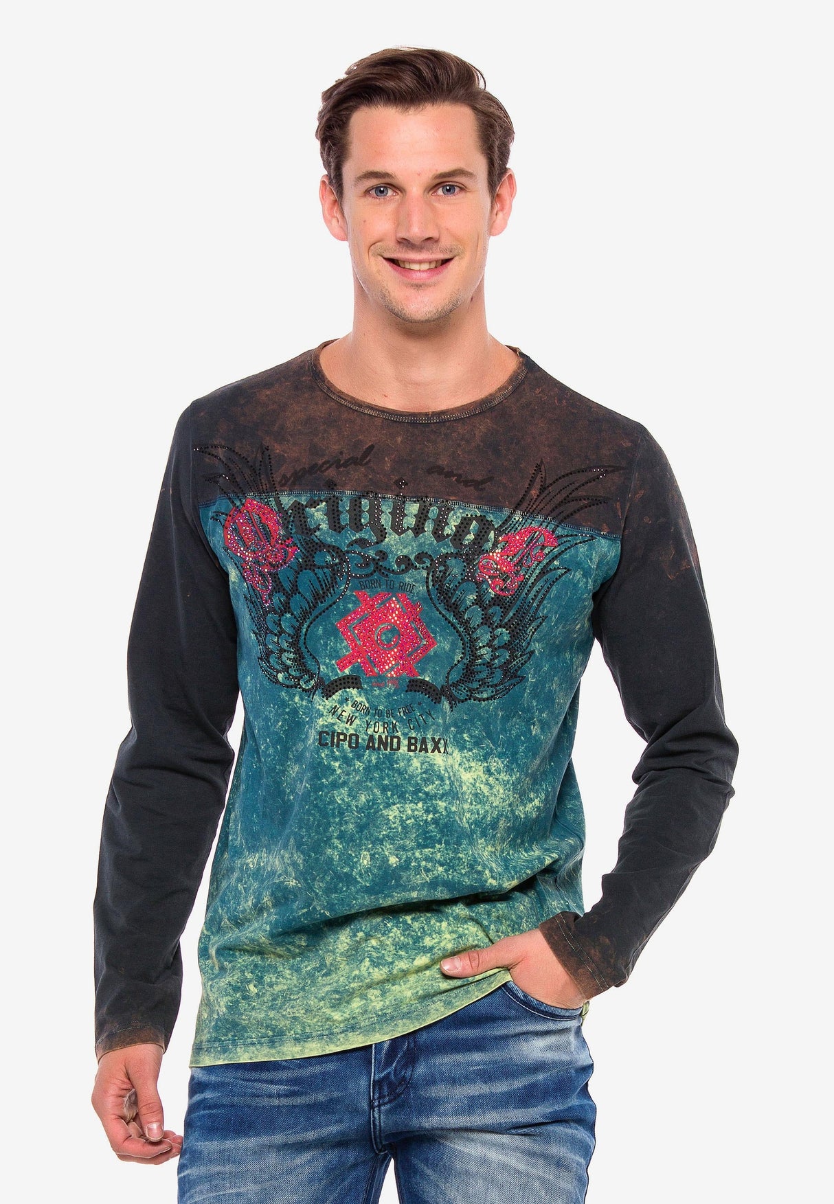CL351 Men's long-sleeved shirt with gemstone print