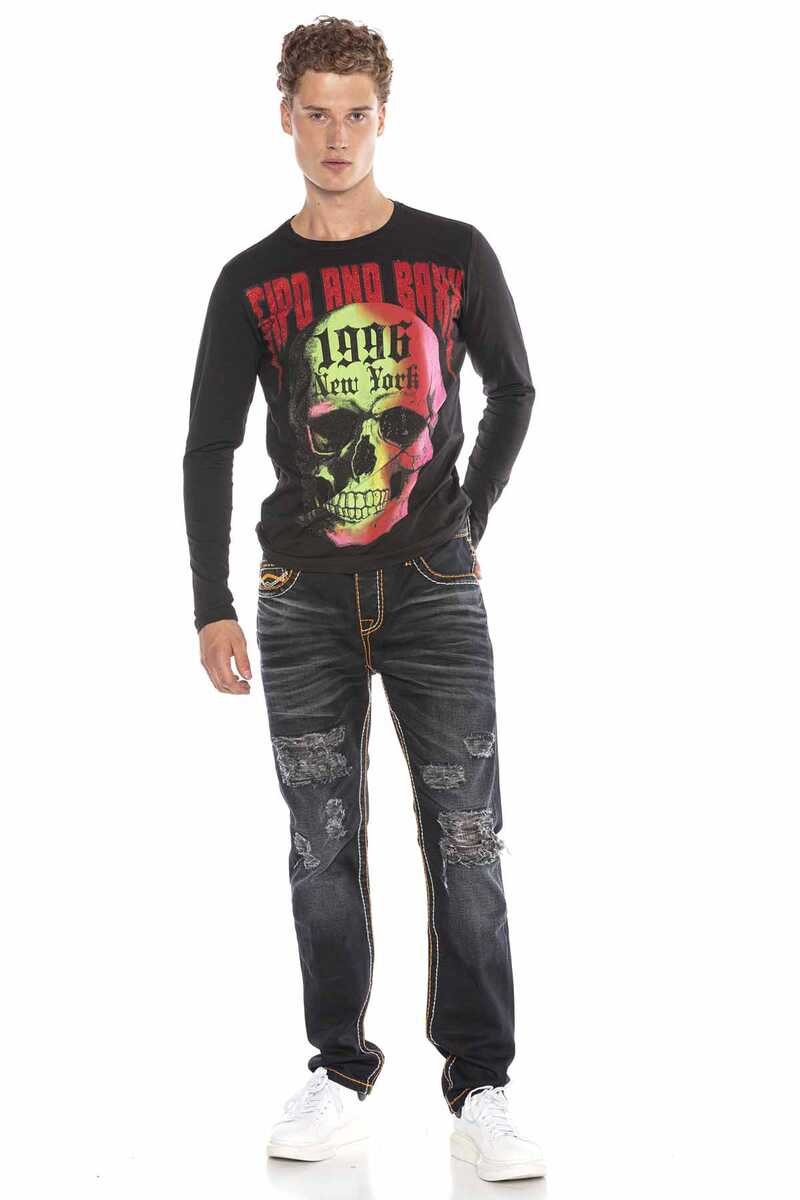 CL406 Men's long-sleeved shirt with stylish rhinestone appliqués