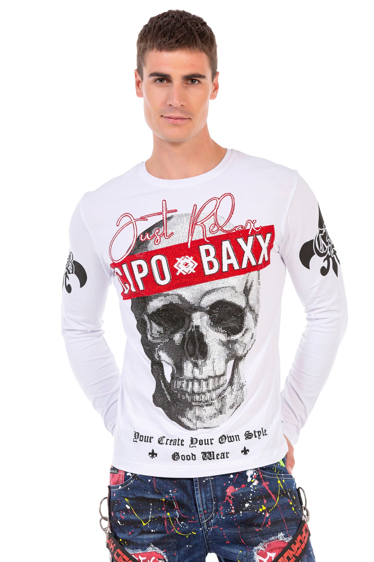 CL454 Men's long-sleeved shirt with rhinestone print