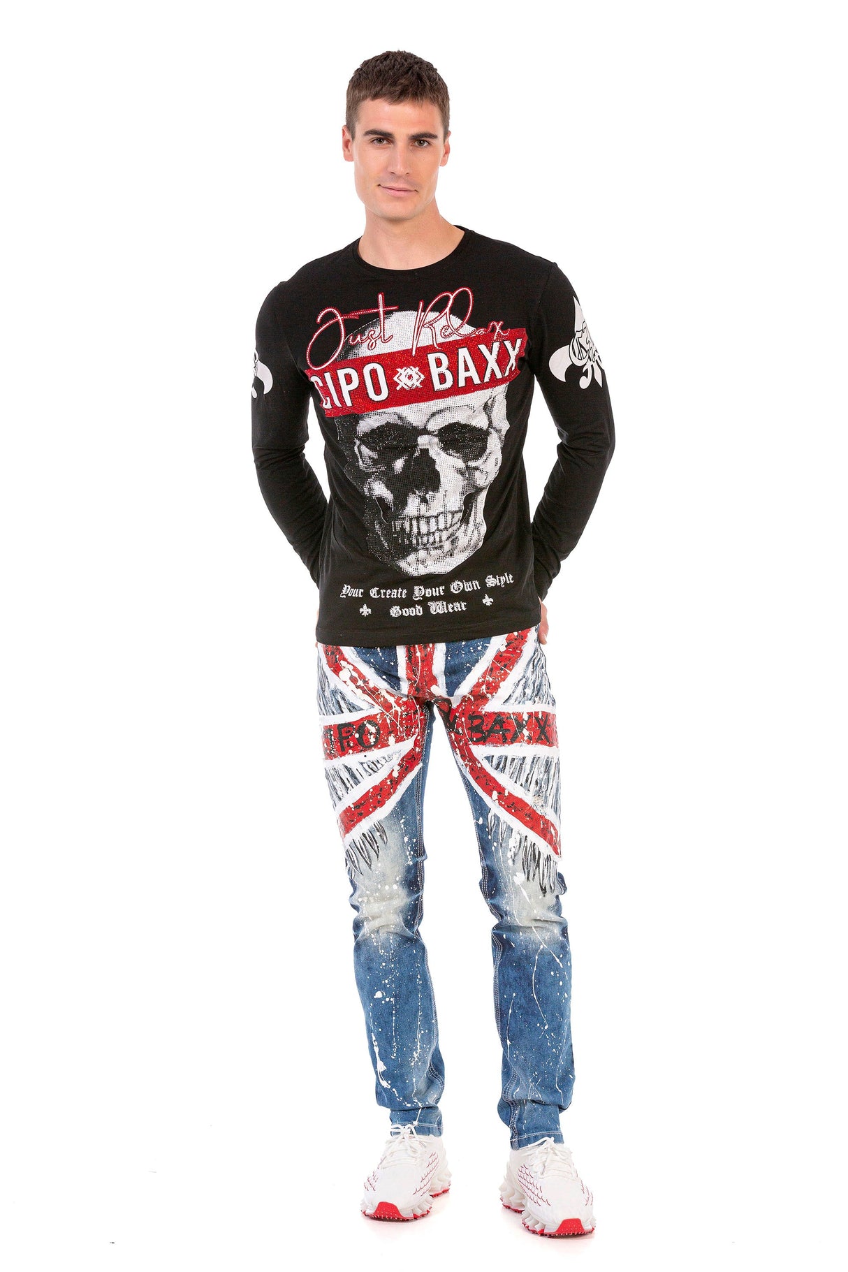 CL454 Men's long-sleeved shirt with rhinestone print