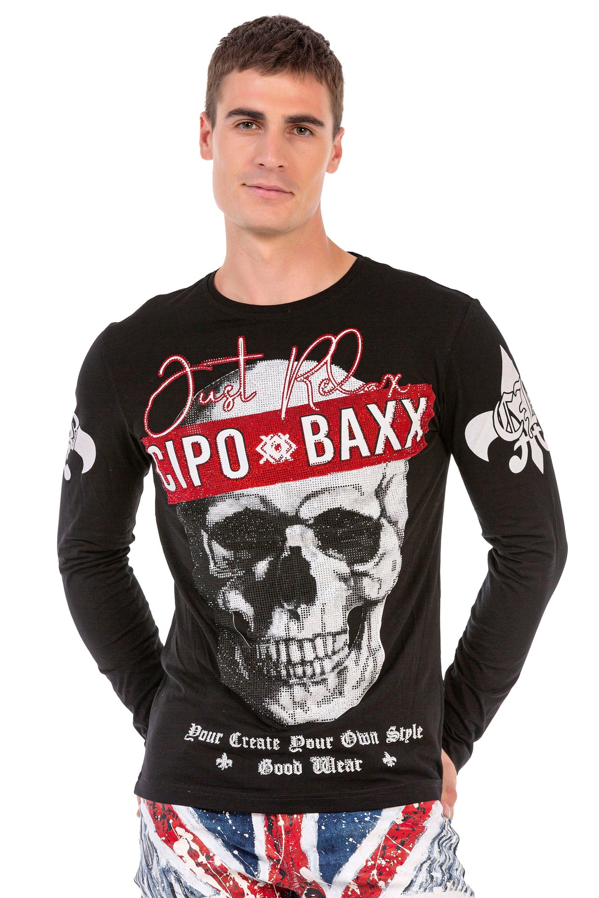 CL454 Men's long-sleeved shirt with rhinestone print