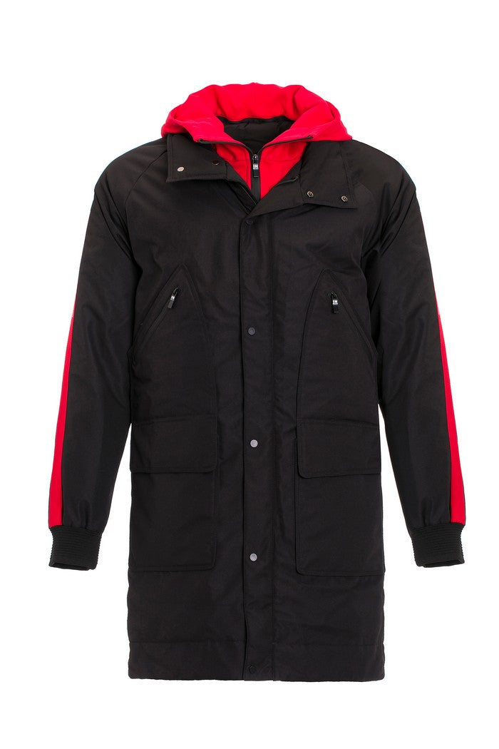 CM146 Men's Winter Jacket – Long black quilted jacket with hood & red accents
