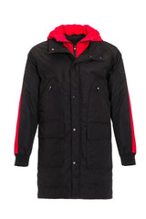 CM146 Men's Winter Jacket – Long black quilted jacket with hood & red accents