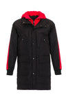CM146 Men's Winter Jacket – Long black quilted jacket with hood & red accents