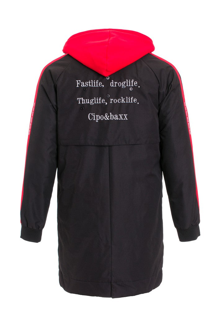 CM146 Men's Winter Jacket – Long black quilted jacket with hood & red accents