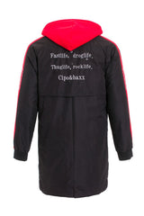 CM146 Men's Winter Jacket – Long black quilted jacket with hood & red accents