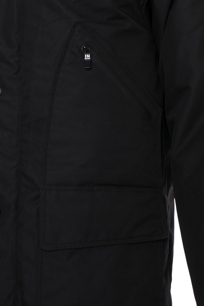 CM146 Men's Winter Jacket – Long black quilted jacket with hood & red accents