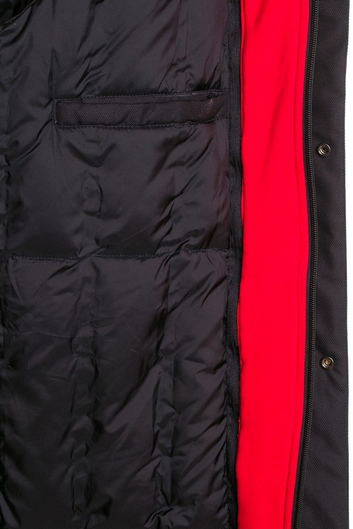 CM146 Men's Winter Jacket – Long black quilted jacket with hood & red accents