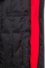 CM146 Men's Winter Jacket – Long black quilted jacket with hood & red accents
