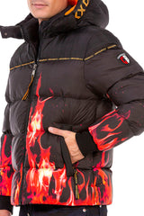 CM181 Men's Winter Jacket – Black Hooded Jacket with Flame Design & Padding | Eye-catching Streetwear for Cold Days