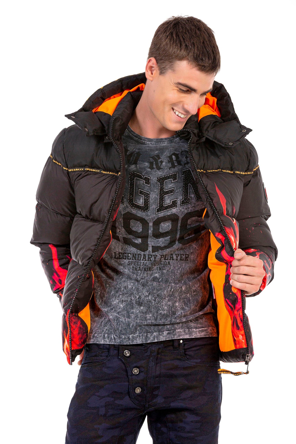 CM181 Men's Winter Jacket – Black Hooded Jacket with Flame Design & Padding | Eye-catching Streetwear for Cold Days