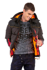 CM181 Men's Winter Jacket – Black Hooded Jacket with Flame Design & Padding | Eye-catching Streetwear for Cold Days
