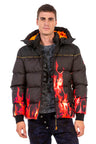 CM181 Men's Winter Jacket – Black Hooded Jacket with Flame Design & Padding | Eye-catching Streetwear for Cold Days