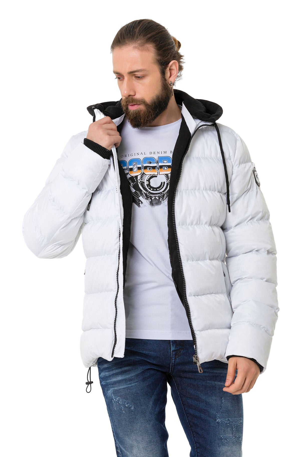 CM202 Men's Winter Jacket – Beige with Detachable Hood & Functional Details