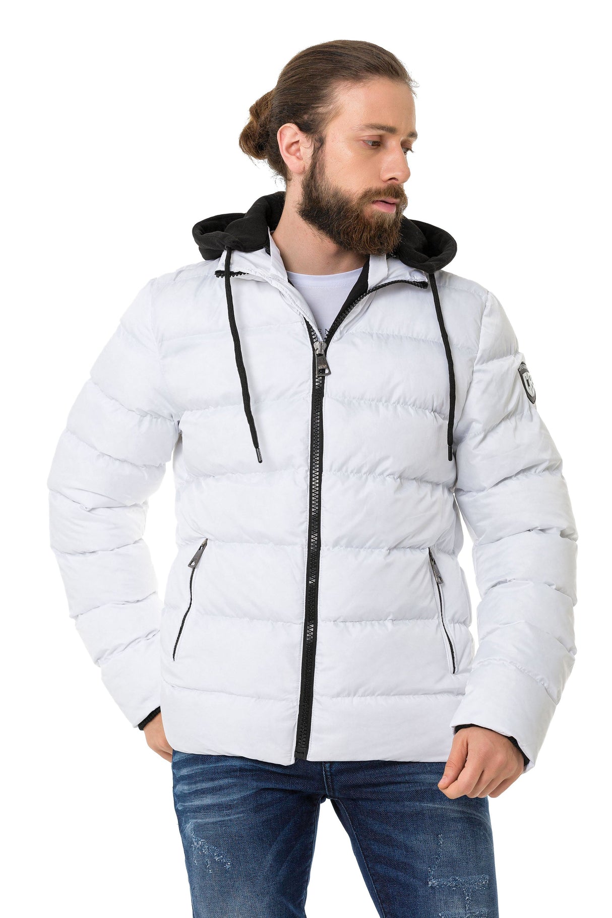 CM202 Men's Winter Jacket – Beige with Detachable Hood & Functional Details