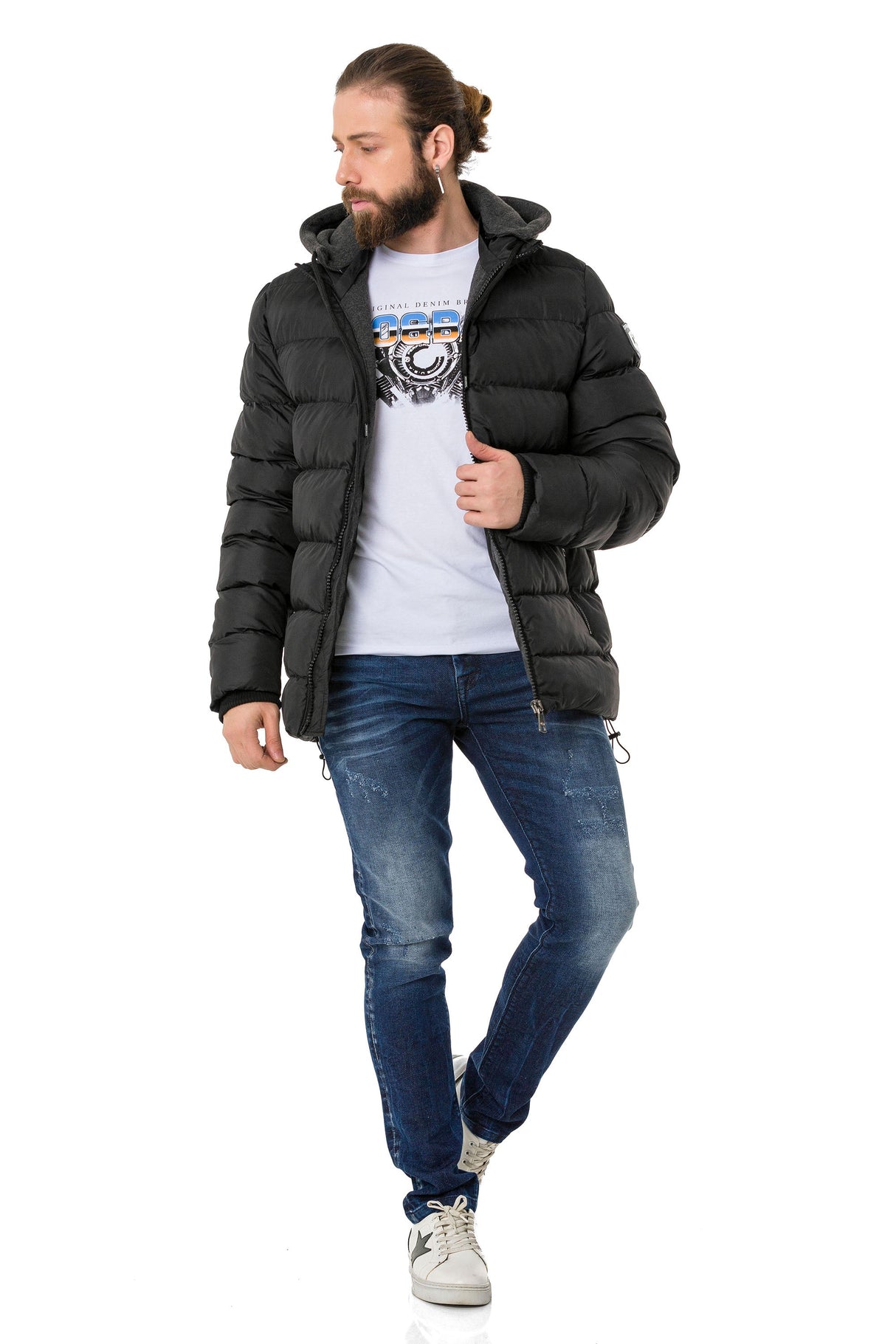 CM202 Men's Winter Jacket – Beige with Detachable Hood & Functional Details
