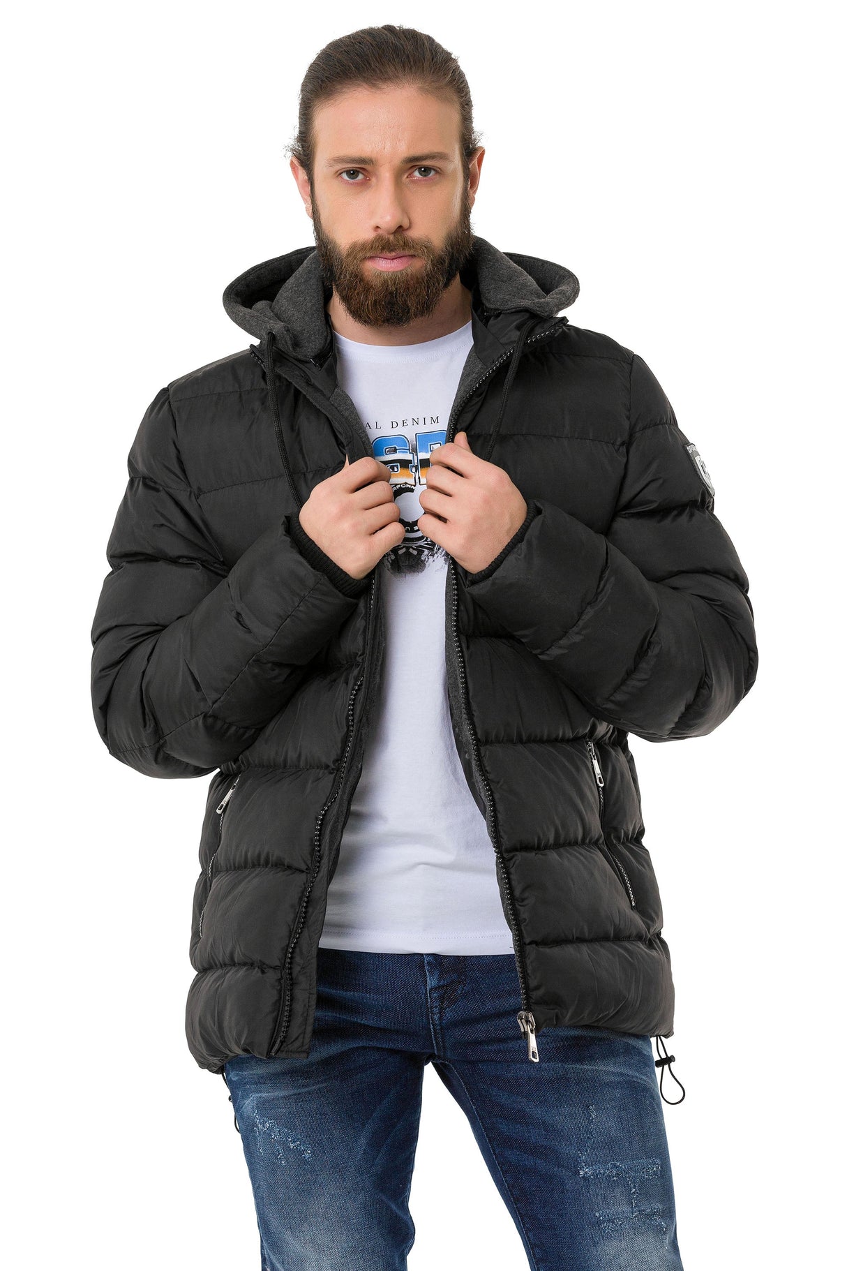 CM202 Men's Winter Jacket – Beige with Detachable Hood & Functional Details