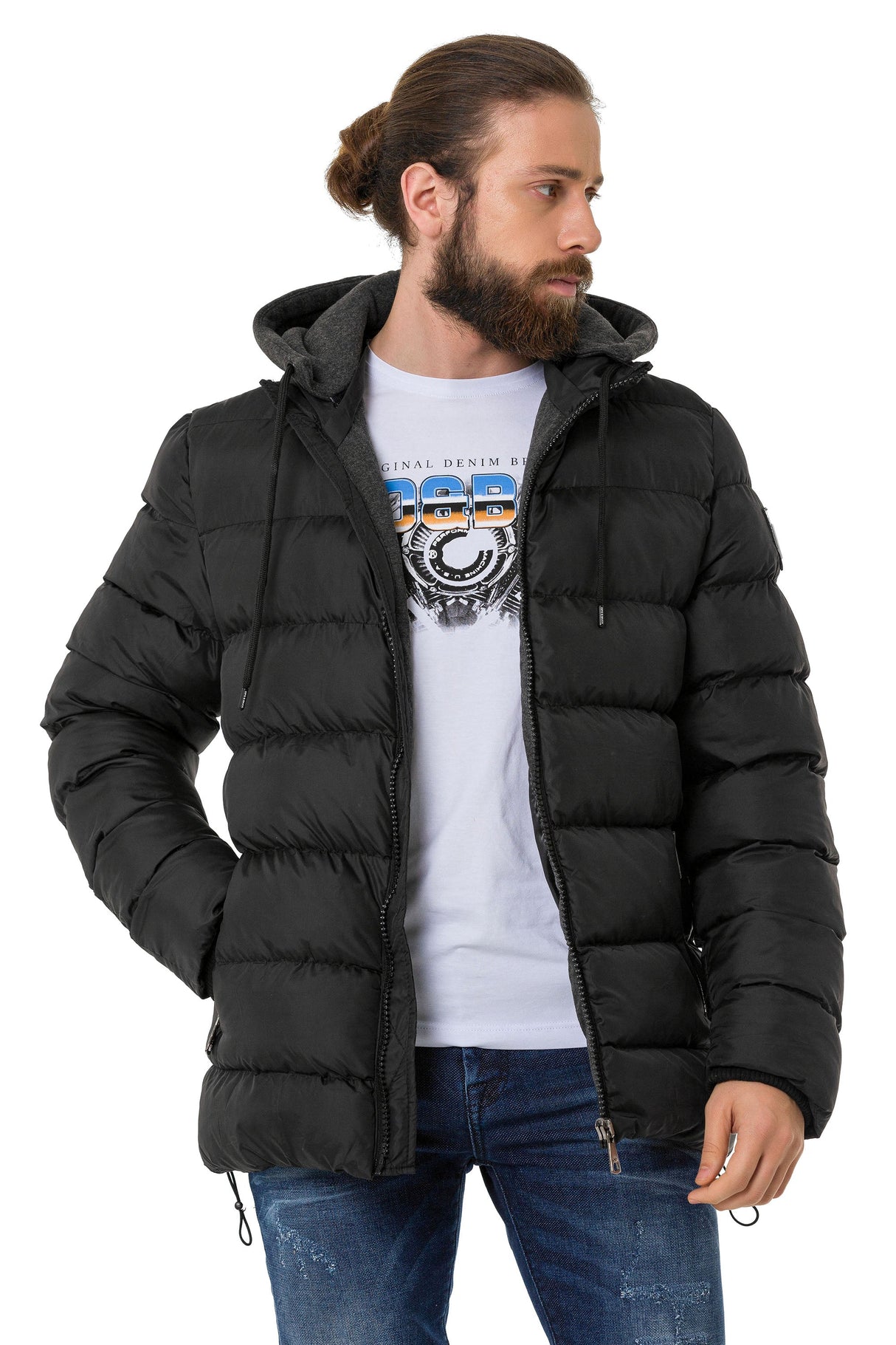 CM202 Men's Winter Jacket – Beige with Detachable Hood & Functional Details