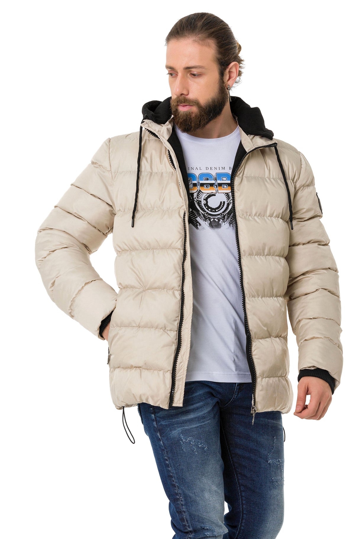 CM202 Men's Winter Jacket – Beige with Detachable Hood & Functional Details