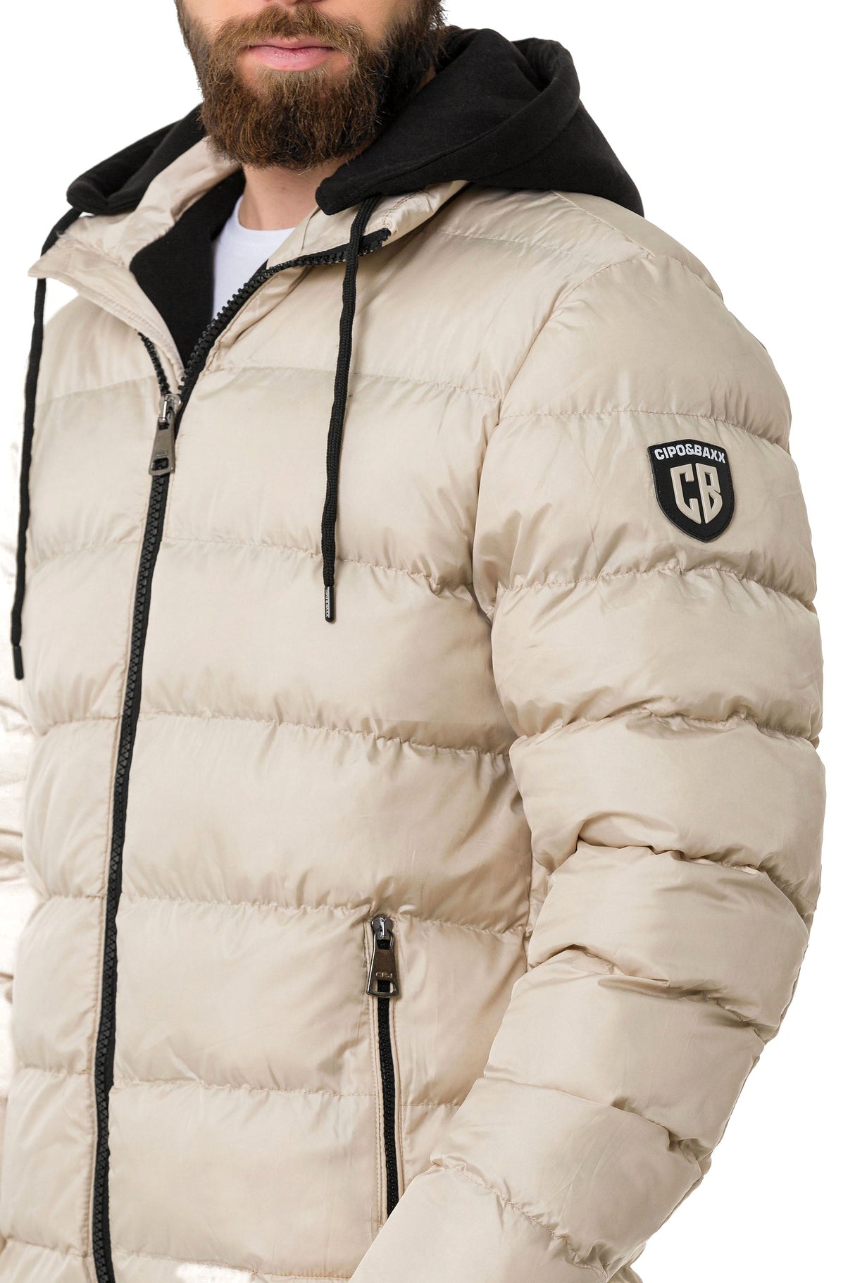 CM202 Men's Winter Jacket – Beige with Detachable Hood & Functional Details