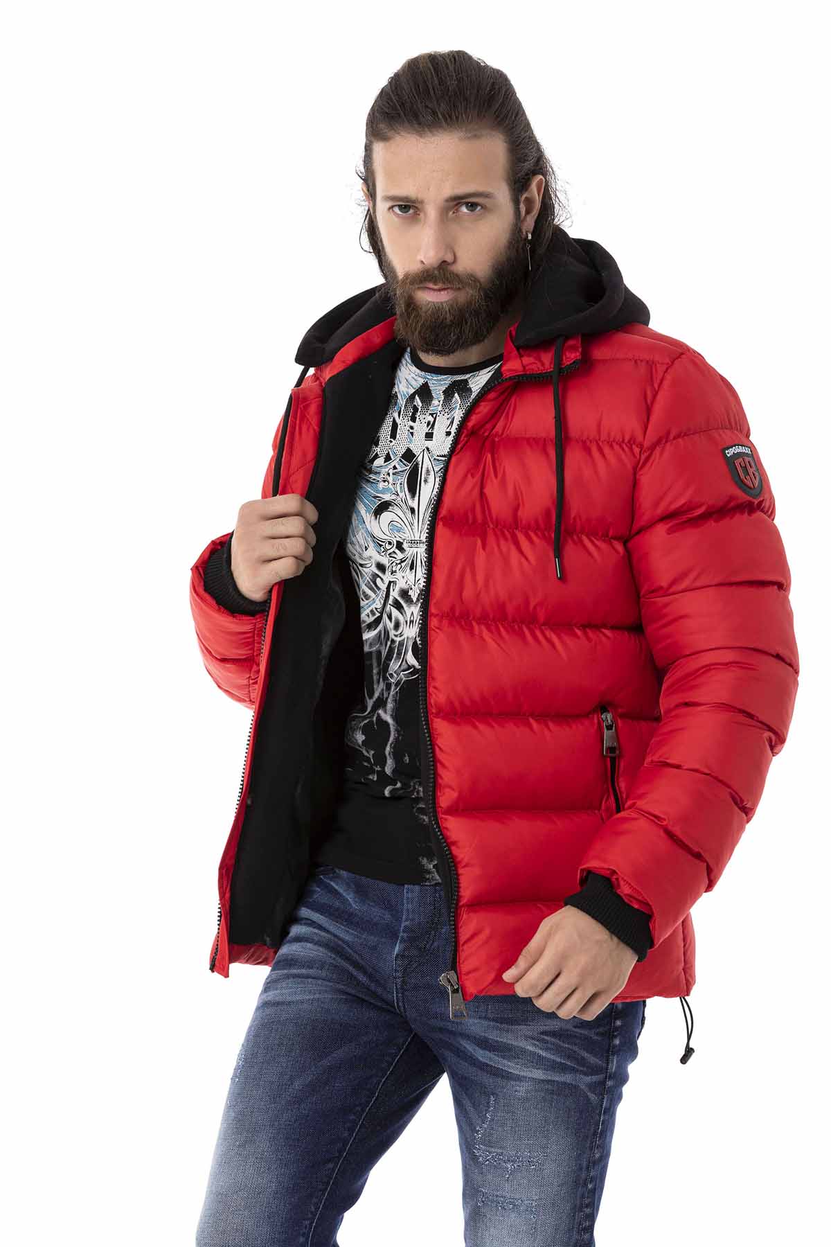 CM202 Men's Winter Jacket – Beige with Detachable Hood & Functional Details