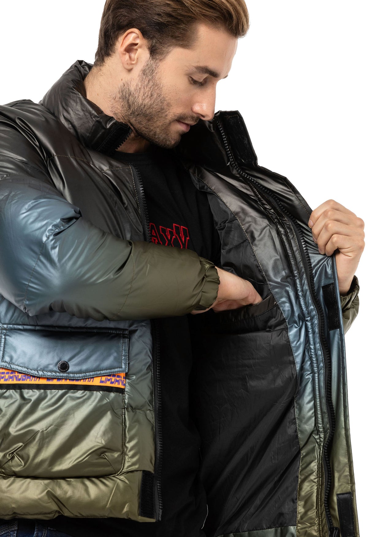 CM221 Men's Winter Jacket – Glossy finish with sporty color gradient & functional zippers