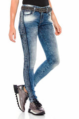WD390 Women's Slim-Fit Jeans with Glitter Side Stripes