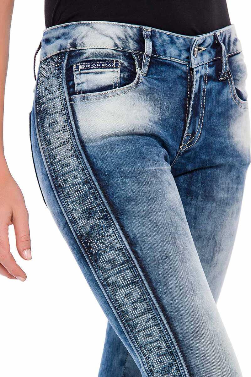 WD390 Women's Slim-Fit Jeans with Glitter Side Stripes