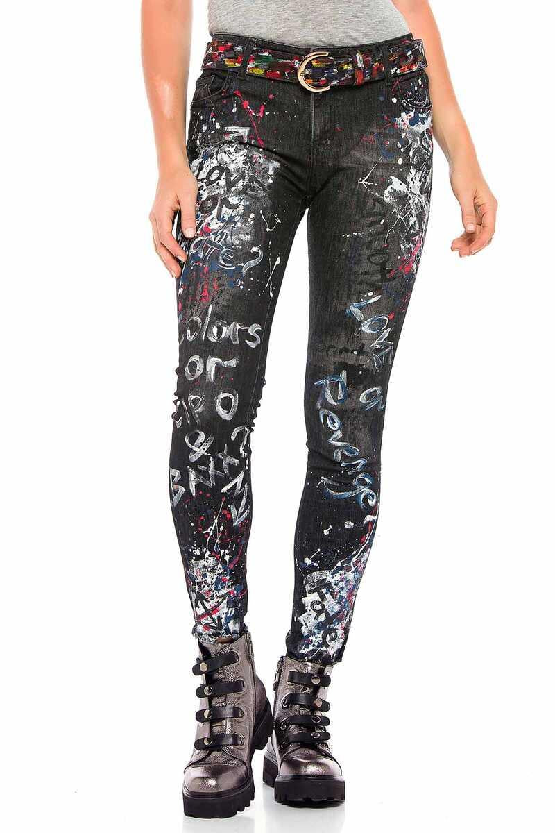 WD389 Women's slim-fit jeans with unique paint elements in straight fit