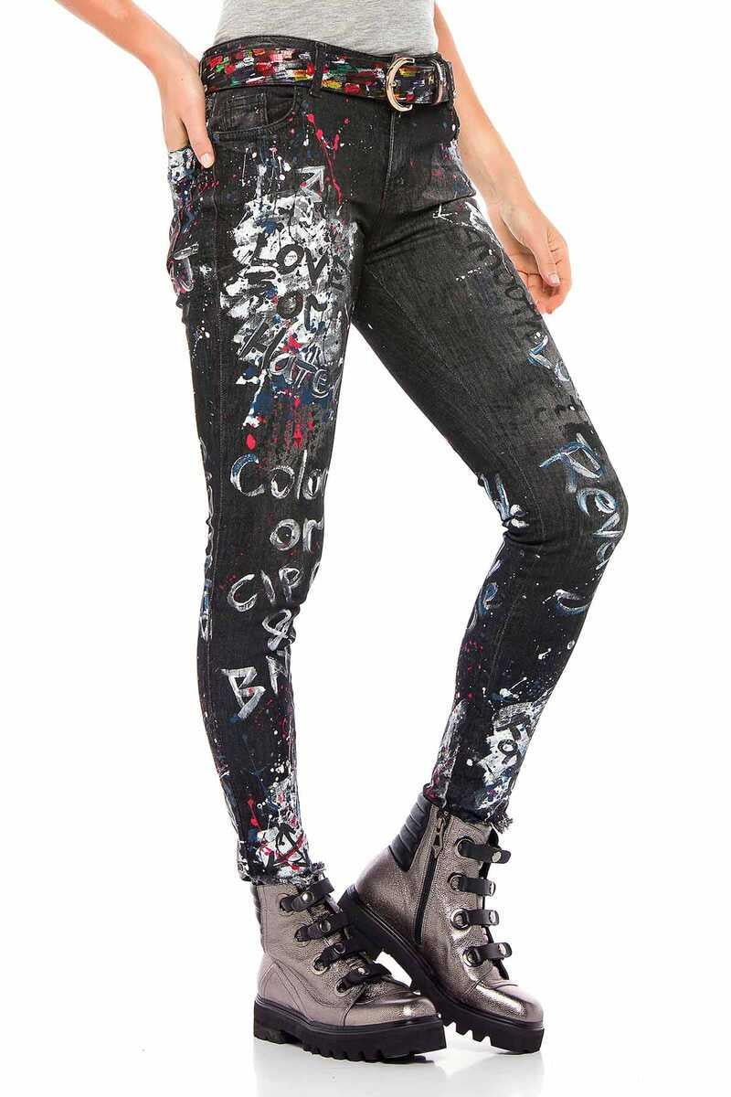 WD389 Women's slim-fit jeans with unique paint elements in straight fit
